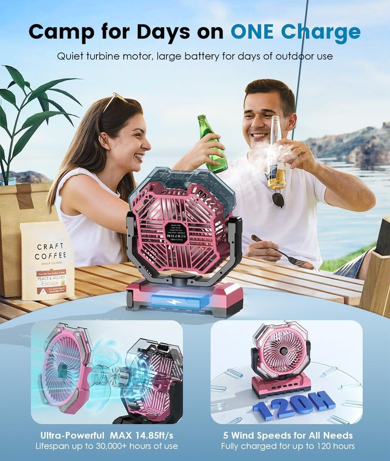 Aopircs Misting Fan - Pink Portable Rechargeable Fan with 9oz Water Tank, Light, Hook - Versatile, 120H MAX Cooling, Last 5H Mist, 4 Speed, Sleep Mode - Outdoor Fans for Camping, Travel, Patios - Image 3